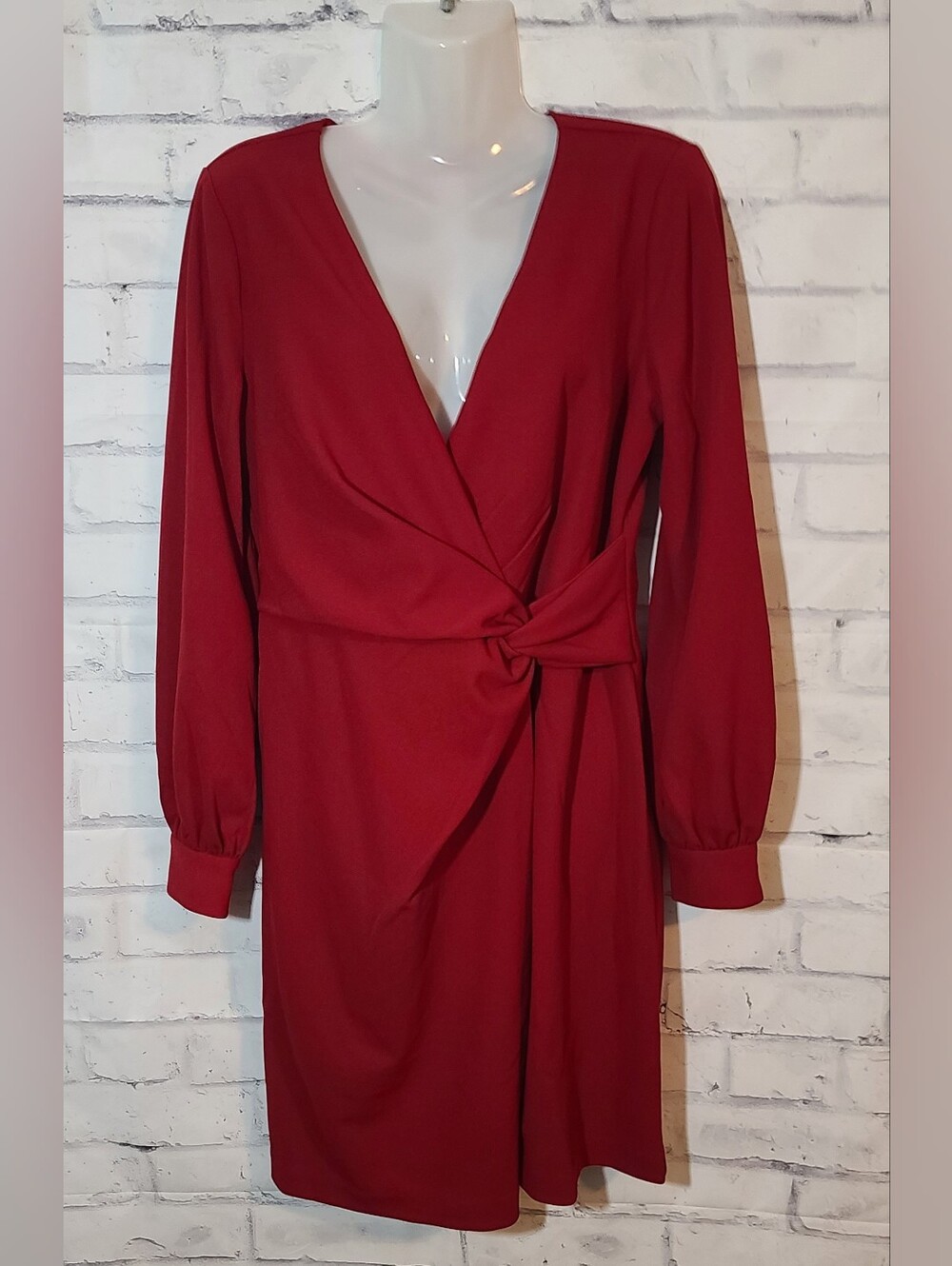 New DKNY Women's Red Wrap Dress 8 V-Neck Long Balloon Sleeve Knit Stretch